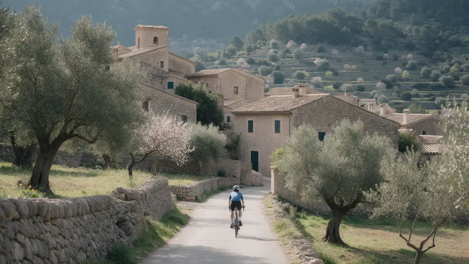 Rennradfahrer auf einer schmalen Straße durch ein Steindorf mit Olivenbäumen auf Mallorca