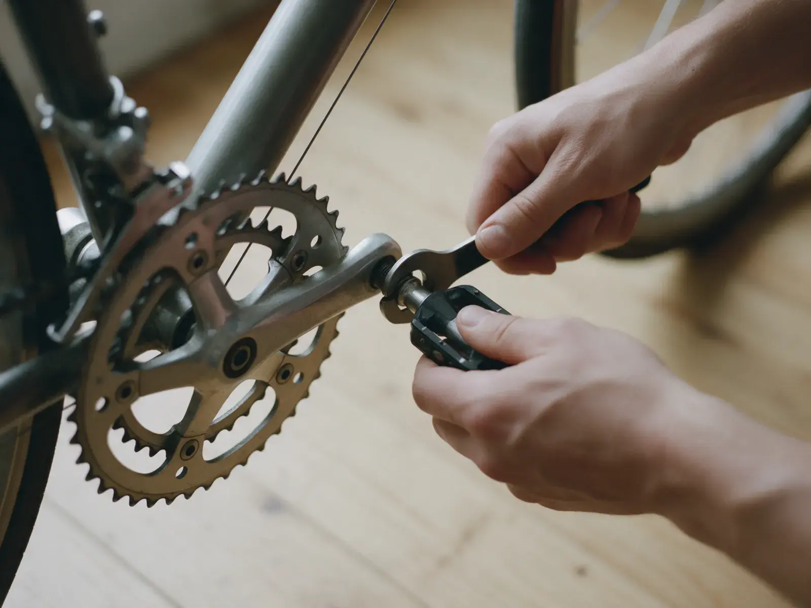 Zwei Hände schrauben mit einem Pedalschlüssel das Pedal von der Kurbel eines Rennrads