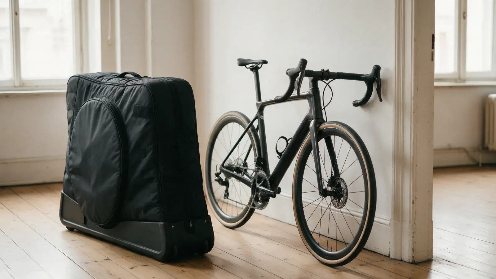 Gepackte schwarze Radtasche mit festem Boden neben einem Carbon-Rennrad in einer hellen Wohnung