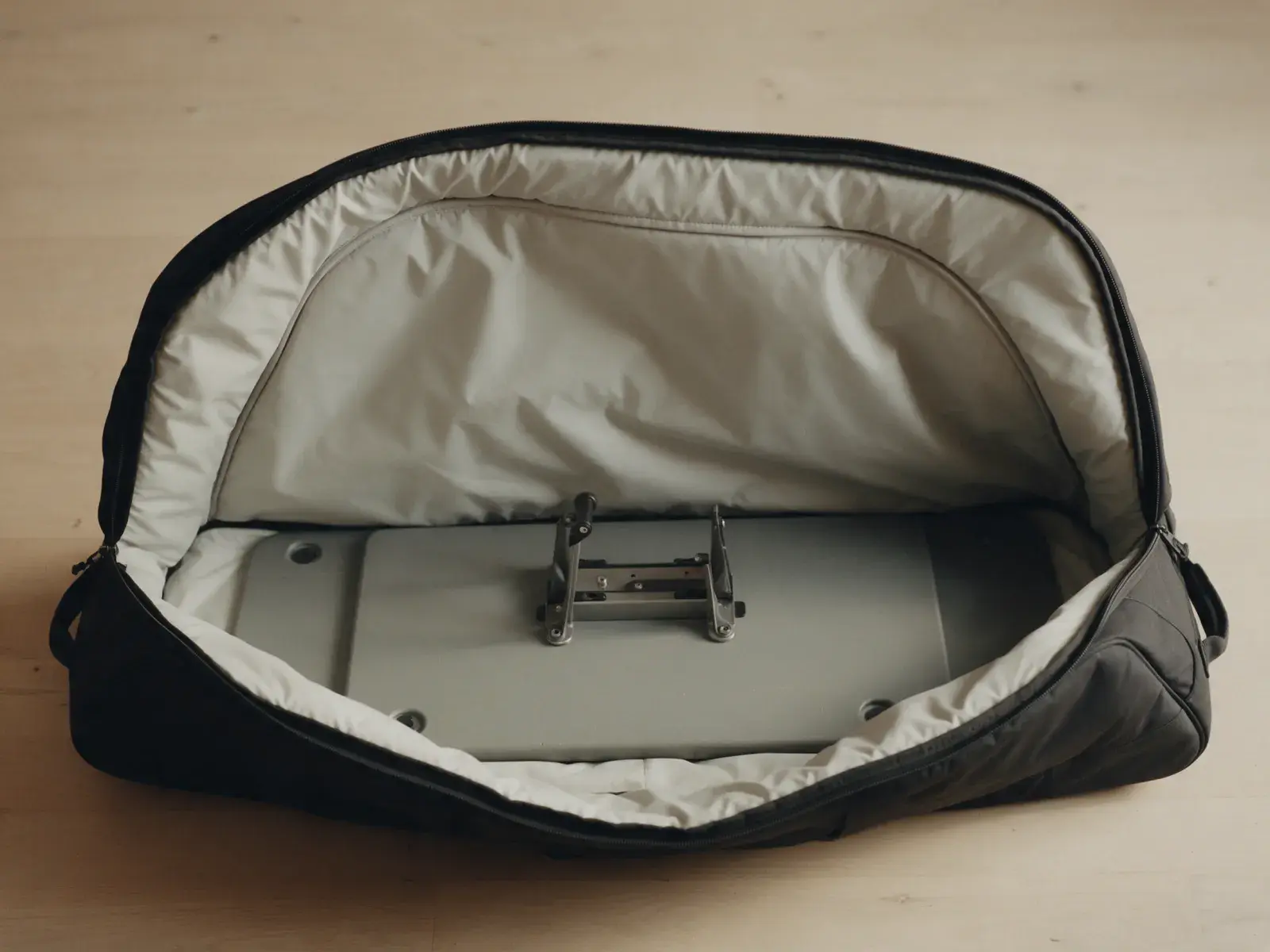 Leere, geöffnete Radtasche von oben mit festem Boden und Montageständer im Inneren
