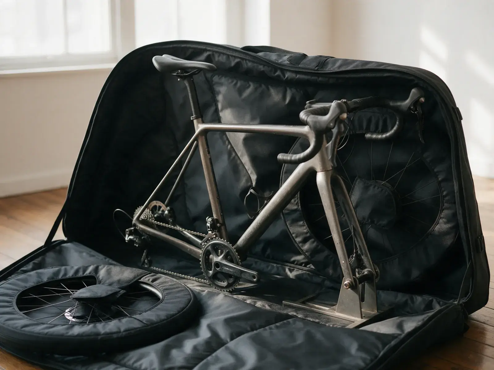Rennrad ohne Laufräder mit Lenker und Sattel auf einem Ständer in einer offenen Radtasche