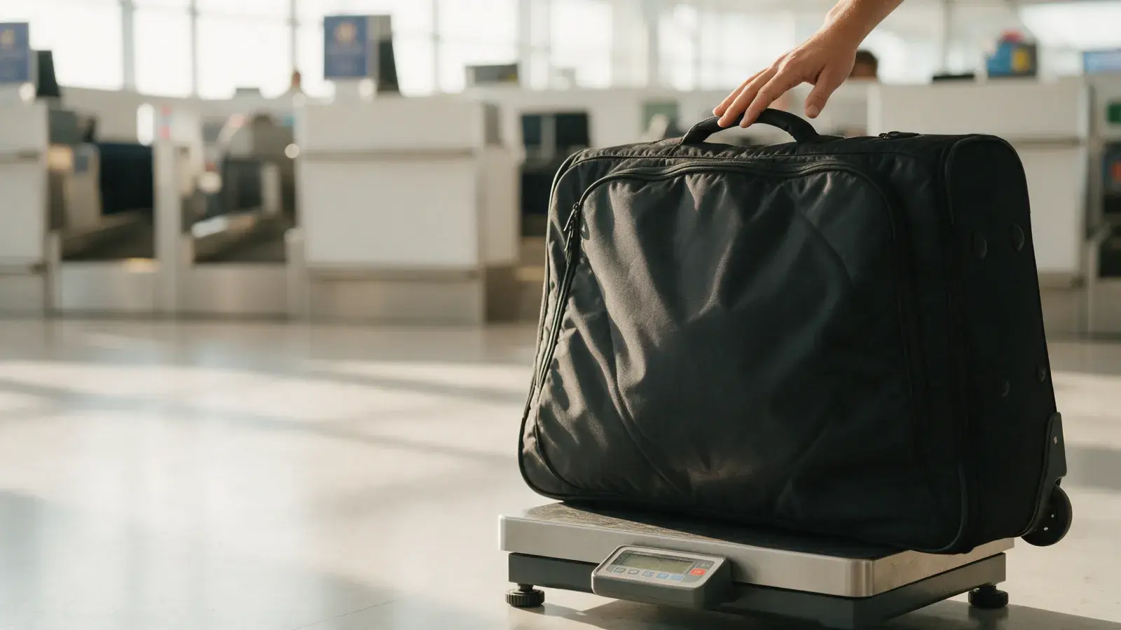 Schwarze Radtasche auf einer Gepäckwaage vor den Check-in-Schaltern eines Flughafens
