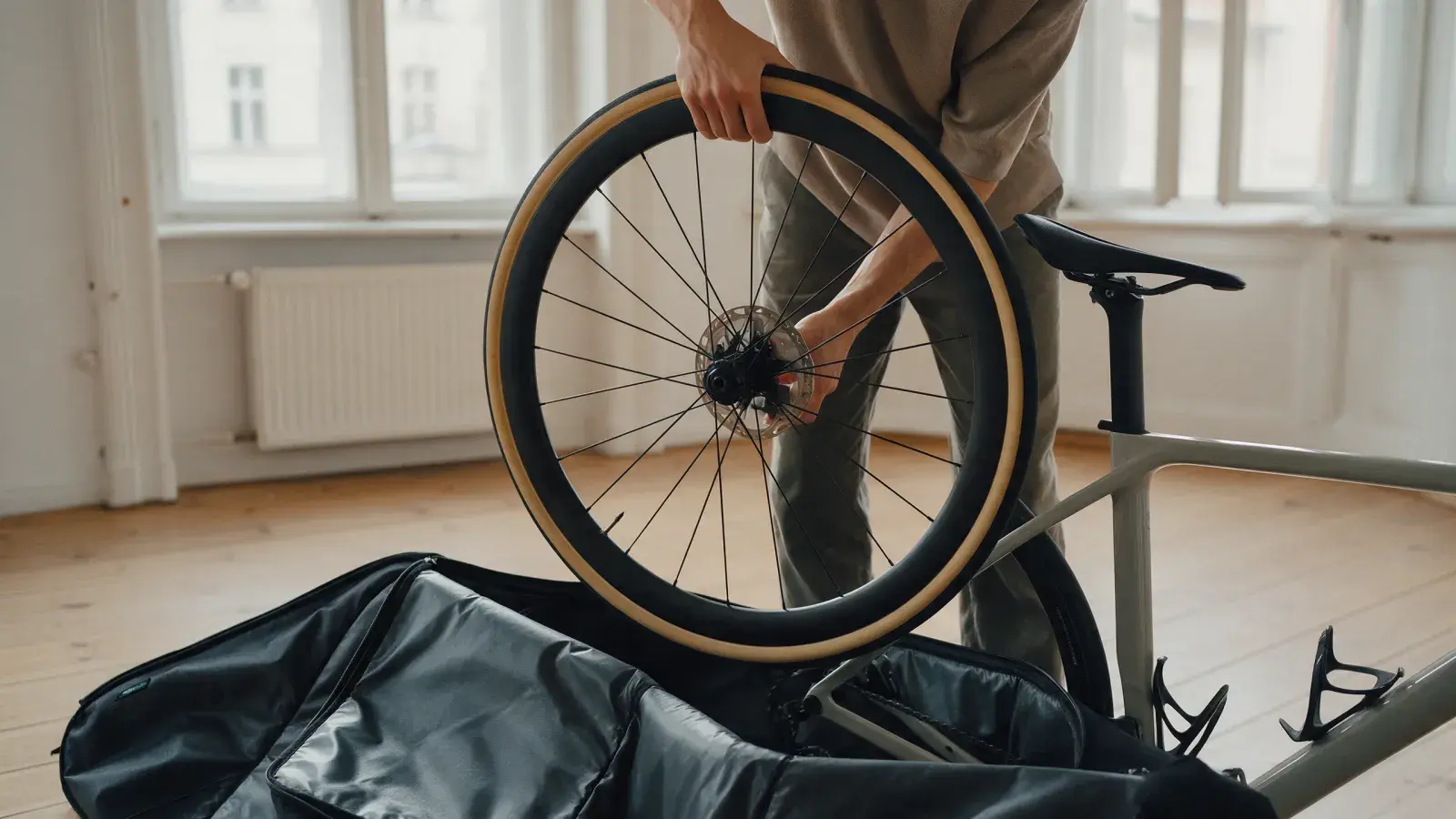Hände bauen das Vorderrad eines Rennrads aus, daneben liegt eine geöffnete Radtasche