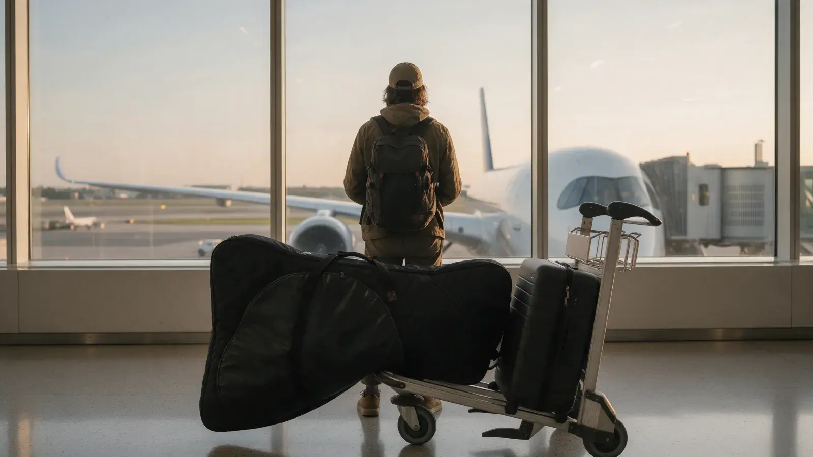 Reisender mit Radtasche und Koffer auf einem Gepäckwagen vor einem Langstreckenflugzeug am Gate