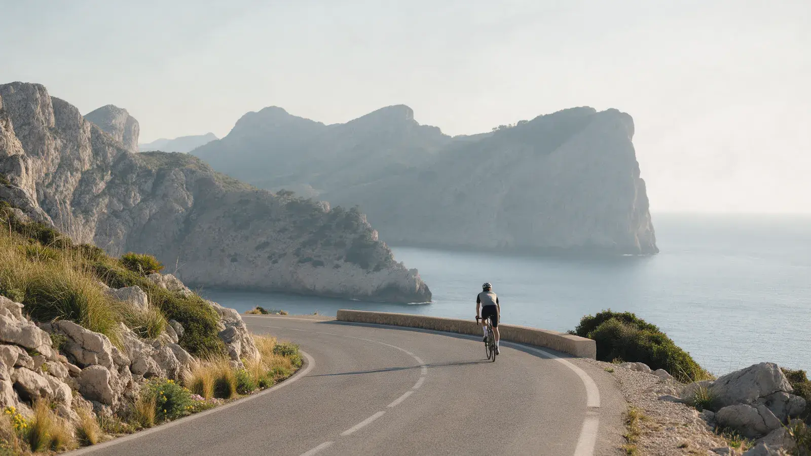Rennradfahrer von hinten auf einer kurvigen Küstenstraße mit Felsen und Meer auf Mallorca