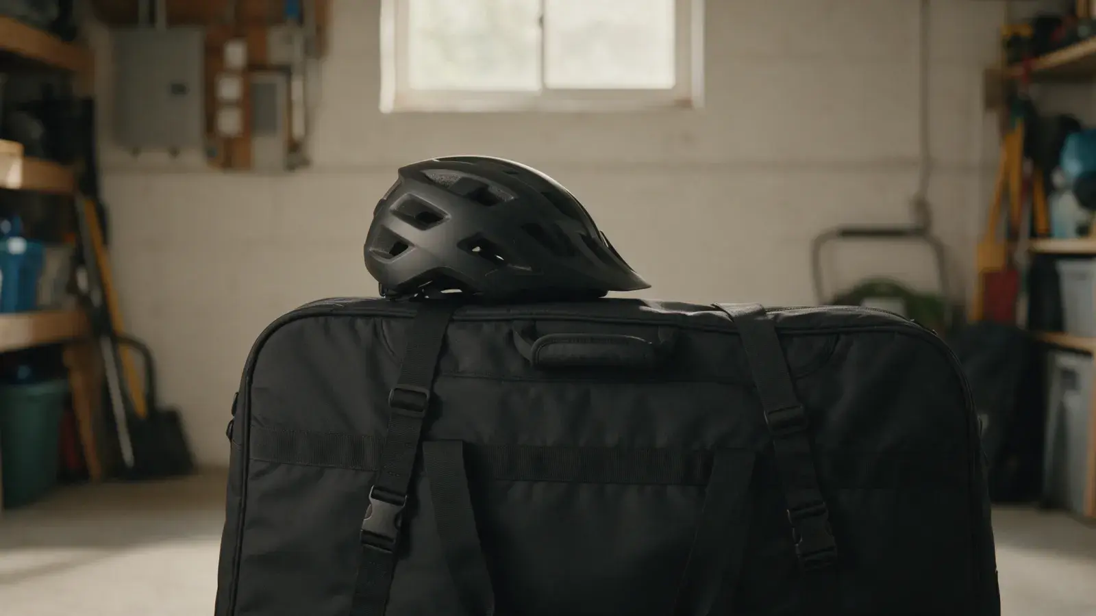 Gepackte schwarze Radtasche mit Fahrradhelm darauf in einem hellen Kellerraum