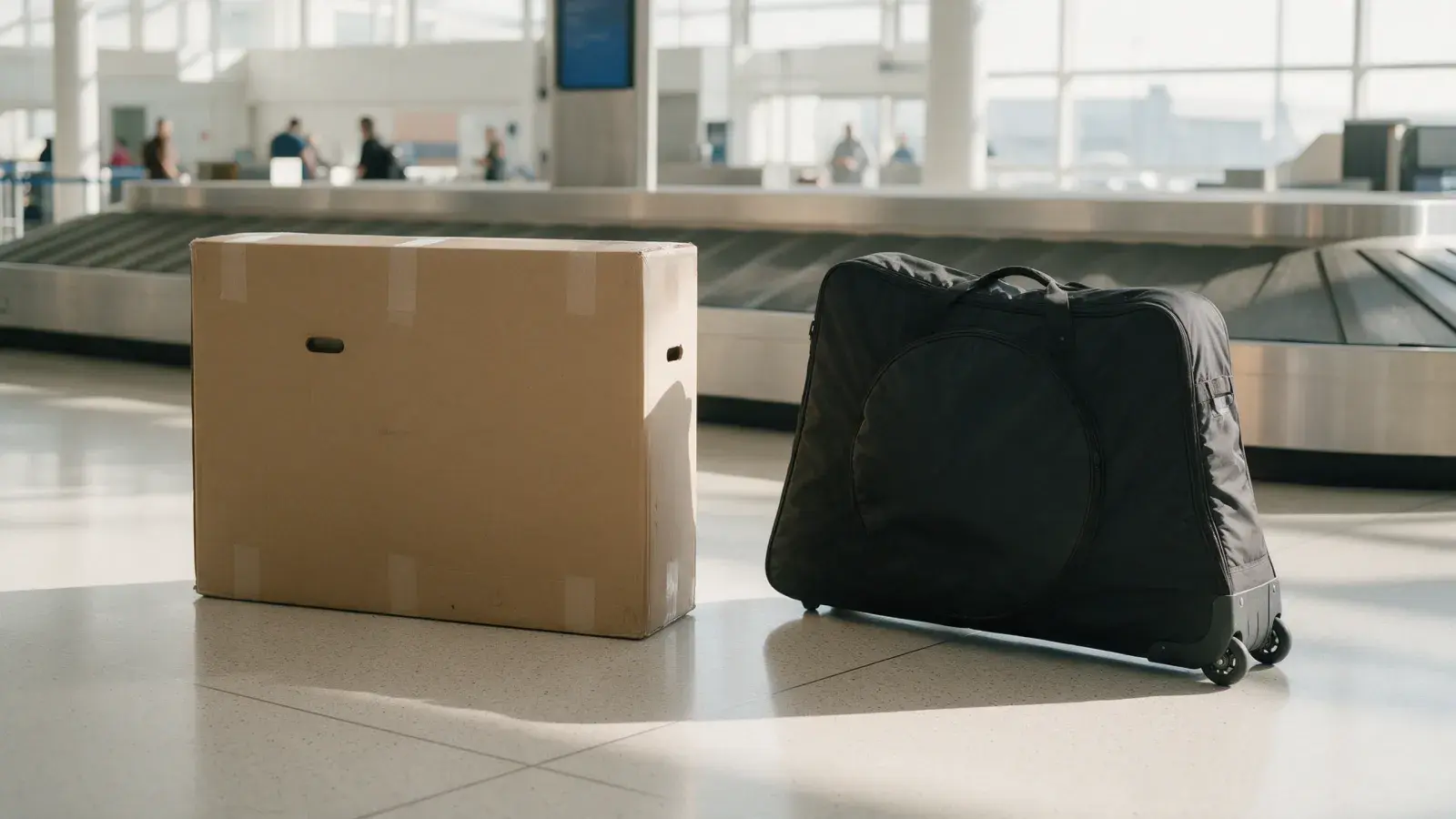 Fahrradkarton und schwarze Radtasche auf Rollen nebeneinander in einer Gepäckhalle am Flughafen